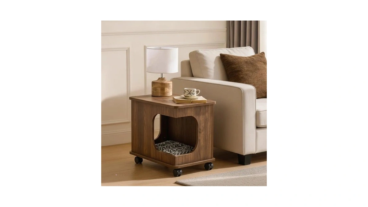 2-in-1 Wooden Cat Bed & Side Table, Hideaway With Cushion