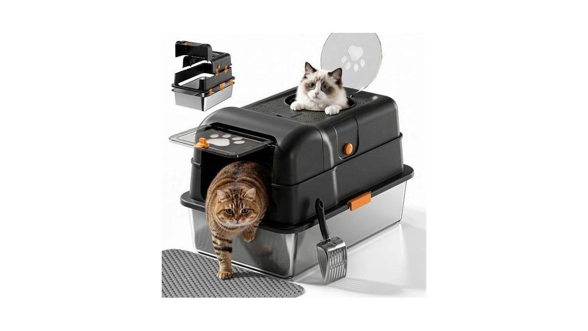 Trhslo 24″lx16″wx15″h Non-stick Stainless Steel Litter Box With Lid, No-mess