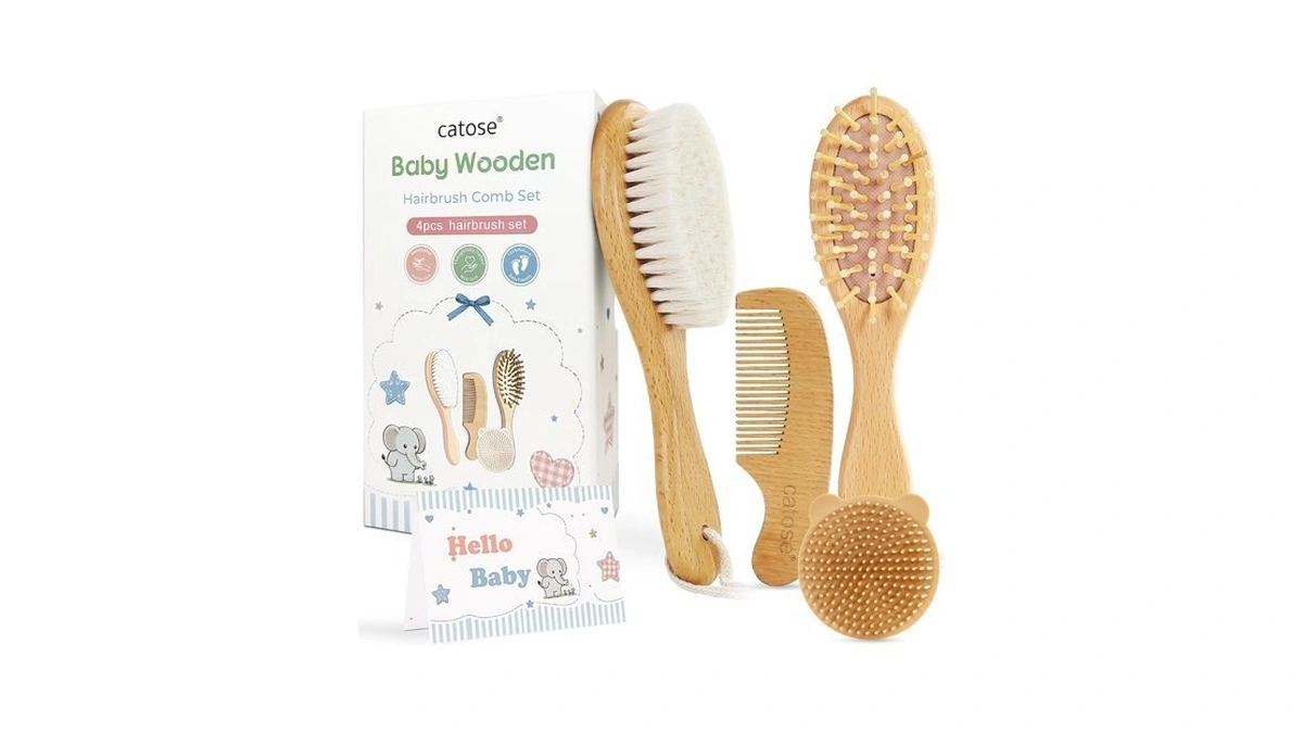 Catose Baby Brush Comb Set,goat Hair Bristles,wooden Cradle Cap Brush,4pc