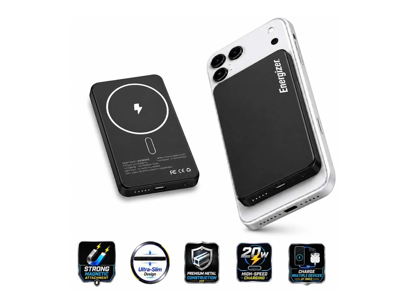 **Energizer - 5,000mAh SLIM METAL 20W Magnetic Wireless Qi/Qi2.0/MagSafe PowerBank, Portable Charger, 2 Outputs, LED Display, & USB-C - Black**