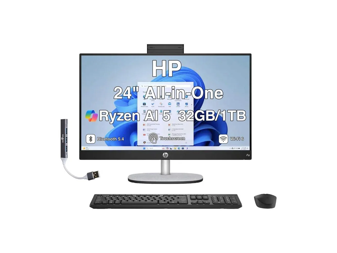 **HP - Upgraded - 24 All-in-One 23.8 FHD Display (Ryzen AI 5 340, 32GB, 1TB SSD, AMD Radeon 840M, WiFi 6, Win 11 Pro) w/USB Hub - Jet Black**