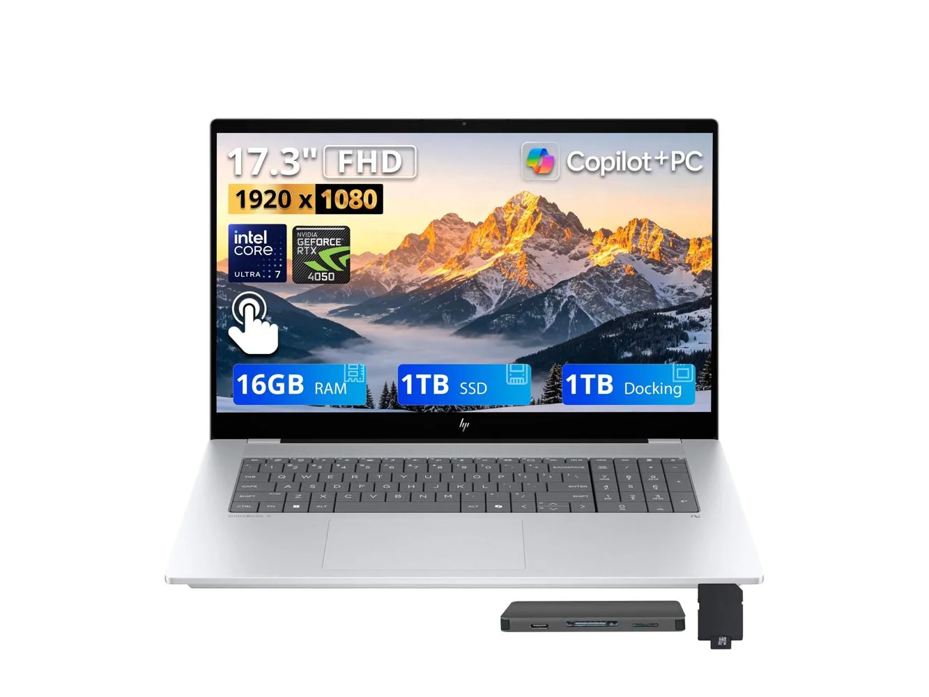 **HP - OmniBook X 17.3" FHD Touch AI Laptop,Intel Ultra 7 256V,16GB RAM,1TB SSD+1TB Dock Set,RTX 4050,Backlit,Win 11 - Silver**