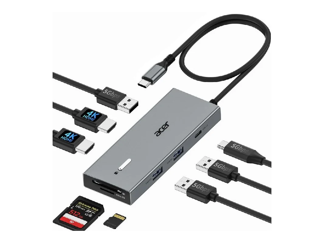 **Acer - USB C Docking Station Dual Monitor With 4K HDMI, 9-IN-1 Docking Station with USB A&C 3.0, SD/Micro SD, 100W Charging - Gray**