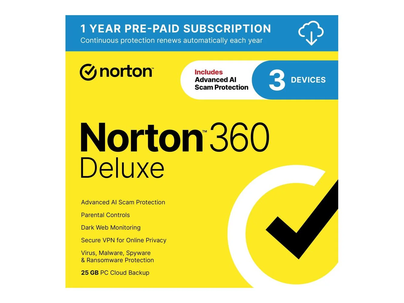 **Norton - 360 Deluxe (3 Device) Antivirus Internet Security + Scam Protection + VPN + Dark Web Monitoring (1 Year Subscription) - Android, Apple iOS, Mac OS, Windows [Digital]**