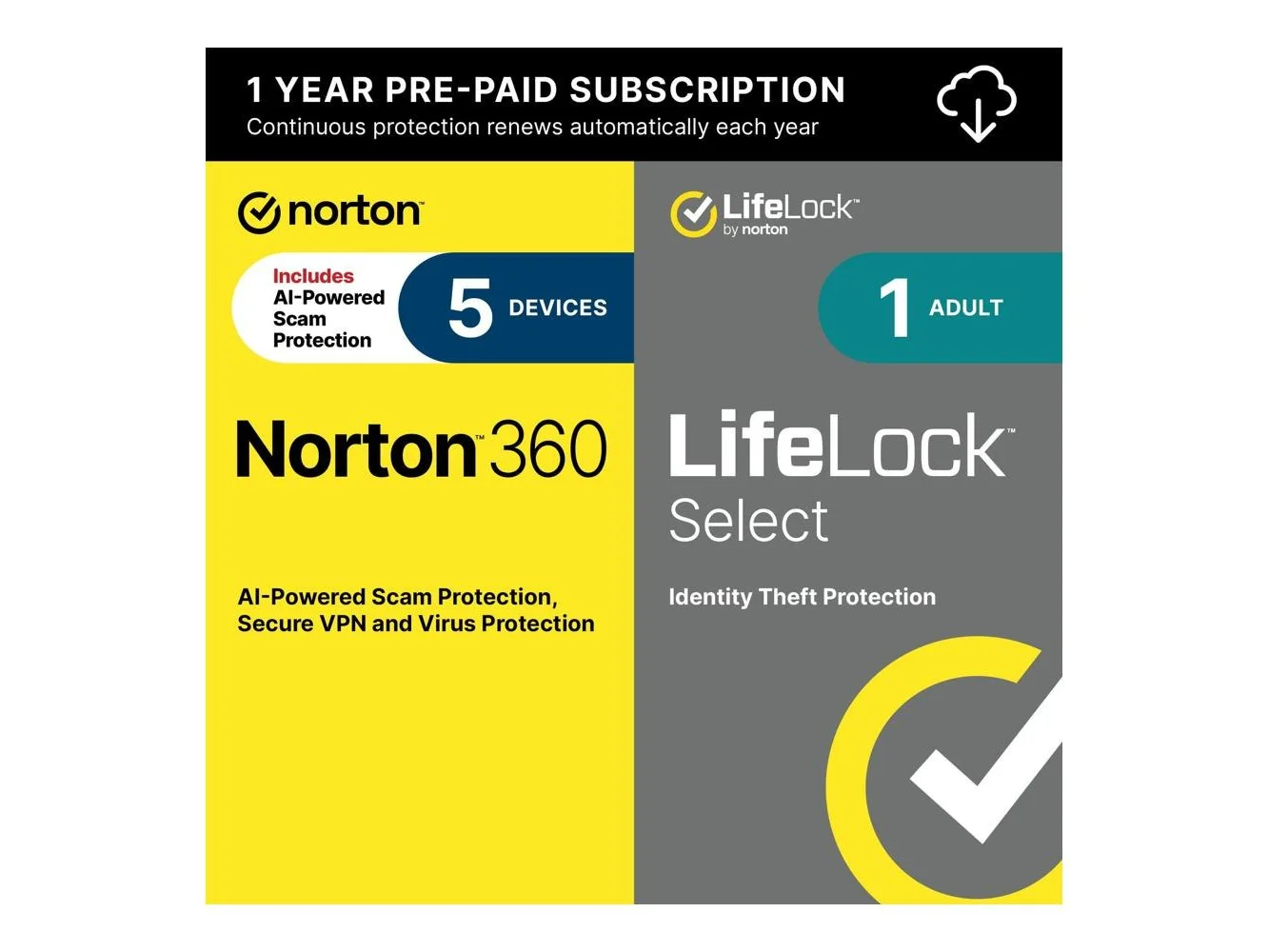 **Norton - 360 Deluxe (5 Device) + LifeLock Select Antivirus Internet Security + Scam Protection + Identity Protection + VPN - Android, Apple iOS, Mac OS, Windows [Digital]**