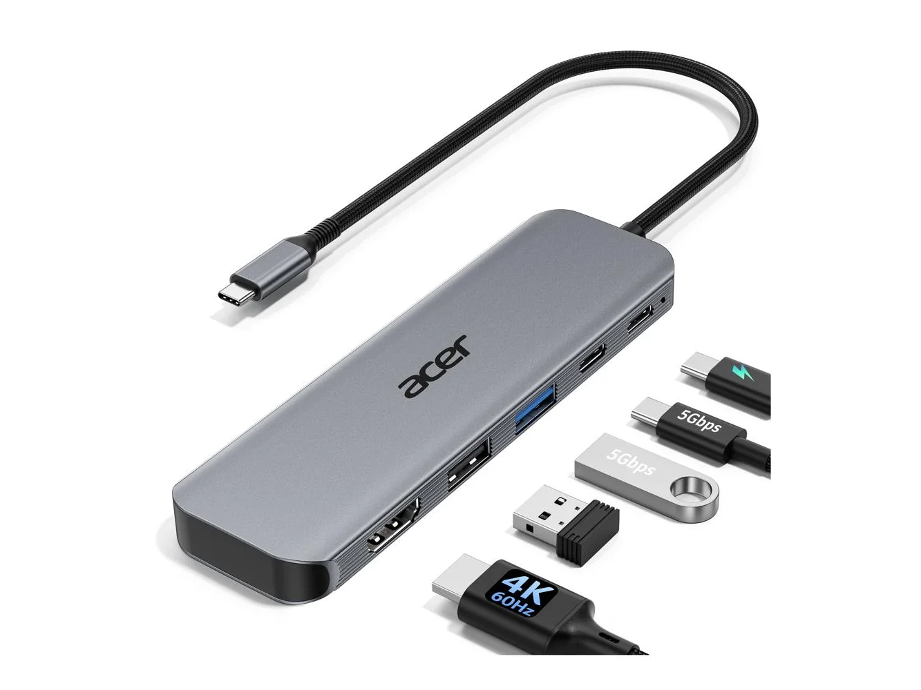 **Acer - USB C Hub, 5-in-1 USBC to HDMI Adapter with 4K@60Hz, 100W Power Delivery, USB-C 5Gbps & USB-A 3.0 Data Ports - Gray**