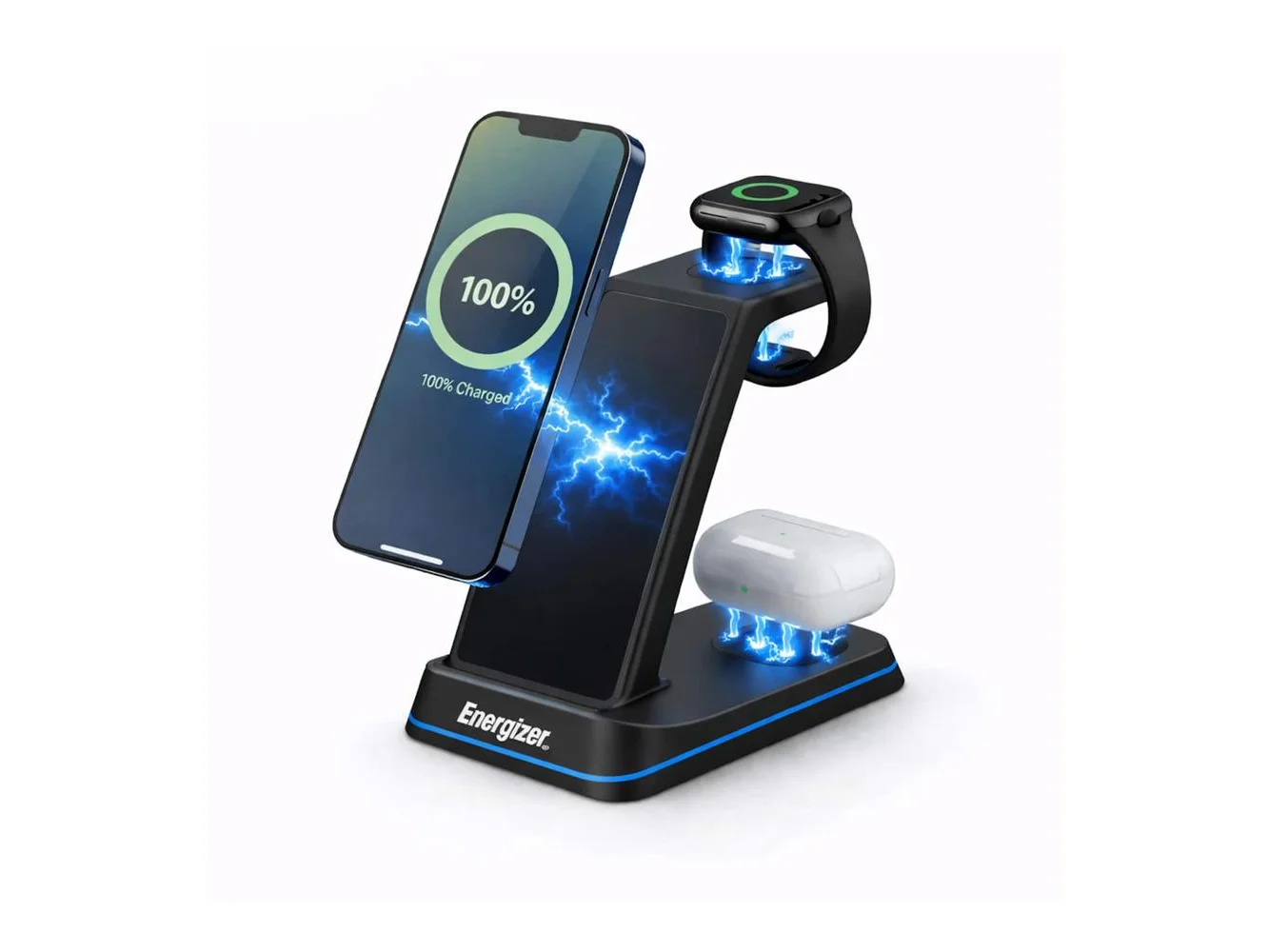 **Energizer - 3-in-1 15W Qi Certified Wireless Fast 15W Charger Charging Station/Stand w/ RGB Light for iPhone + AirPods + Apple Watch - Black**