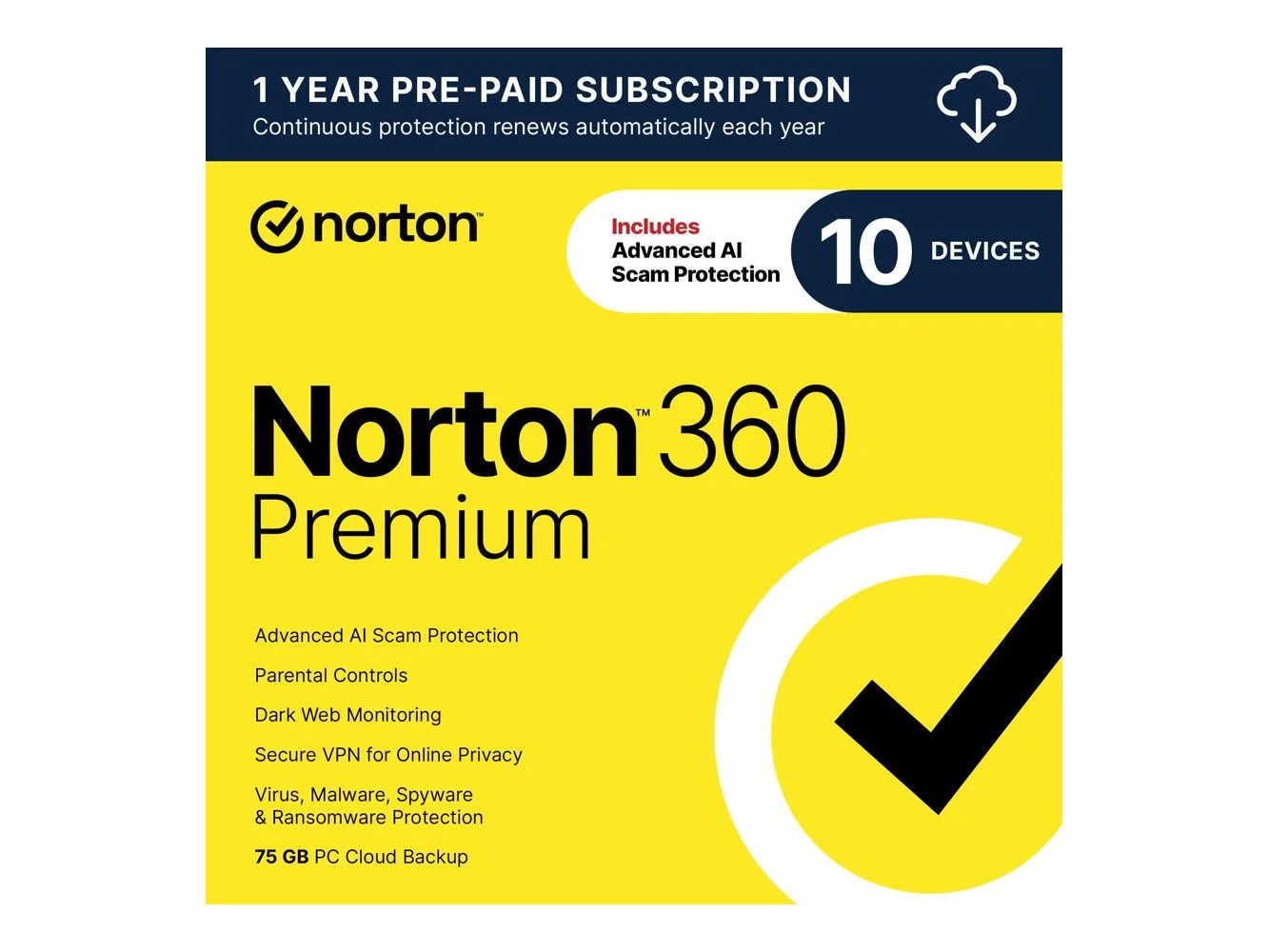 **Norton - 360 Premium (10 Device) Antivirus Internet Security + Scam Protection + VPN + Dark Web Monitoring (1 Year Subscription) - Android, Apple iOS, Mac OS, Windows [Digital]**