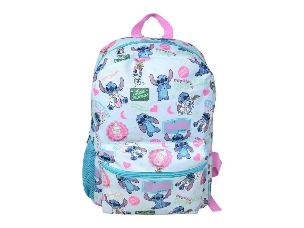 **Bioworld Disney Stitch 16" All over print Kids Backpack, with Front Pocket & Side Mesh - Assorted Pre-Pack**