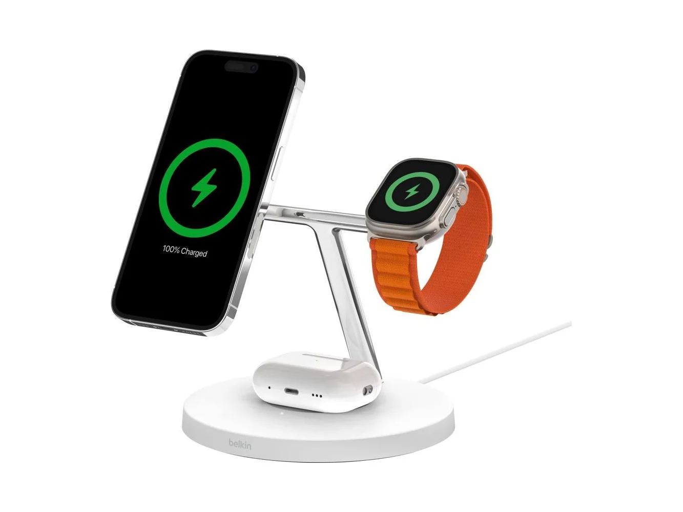 **Belkin - MagSafe 3-in-1 Wireless Charging Stand - 2ND GEN with Faster Apple Watch Charging for iPhone 17, 16, 15, 14 & AirPods - White**