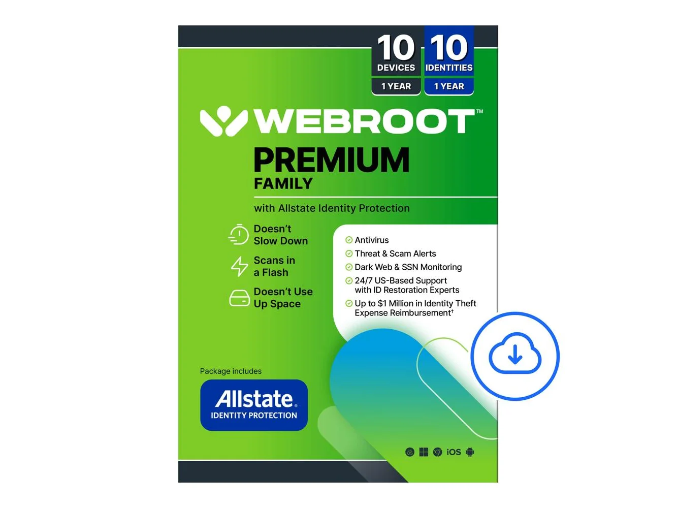 **Webroot - Premium Family Antivirus Protection (10 Device) with Allstate Identity Protection (10 Identities) - Android, Apple iOS, Chrome, Mac OS, Windows [Digital]**