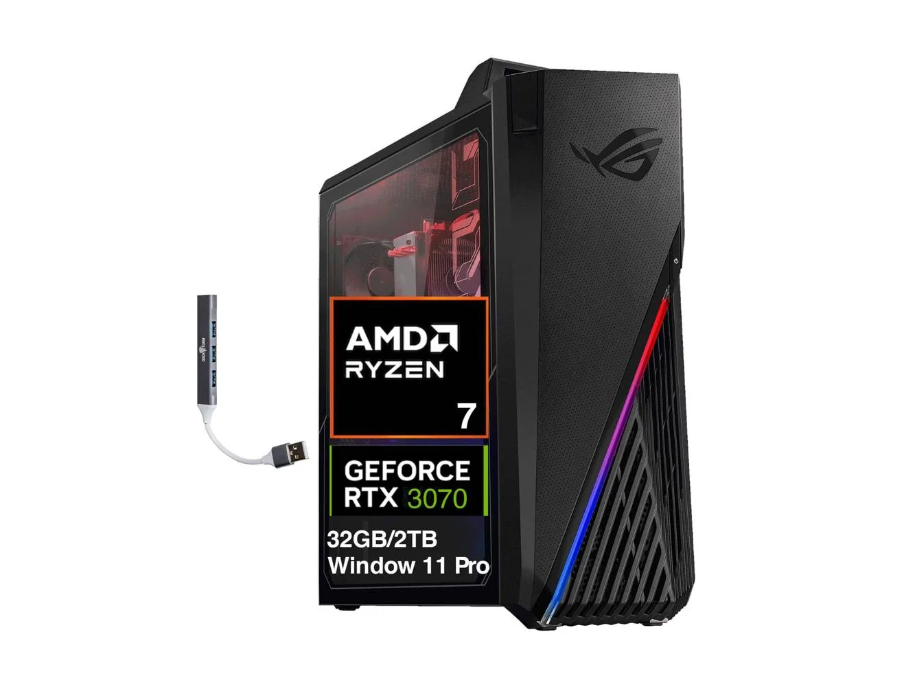 **ASUS - Upgraded - ROG Strix GA15 Desktop PC (Ryzen 7 5800X, 32GB, 2TB SSD, RTX 3070, Bluetooth 5.1, Win 11 Pro) w/USB Hub - Black**