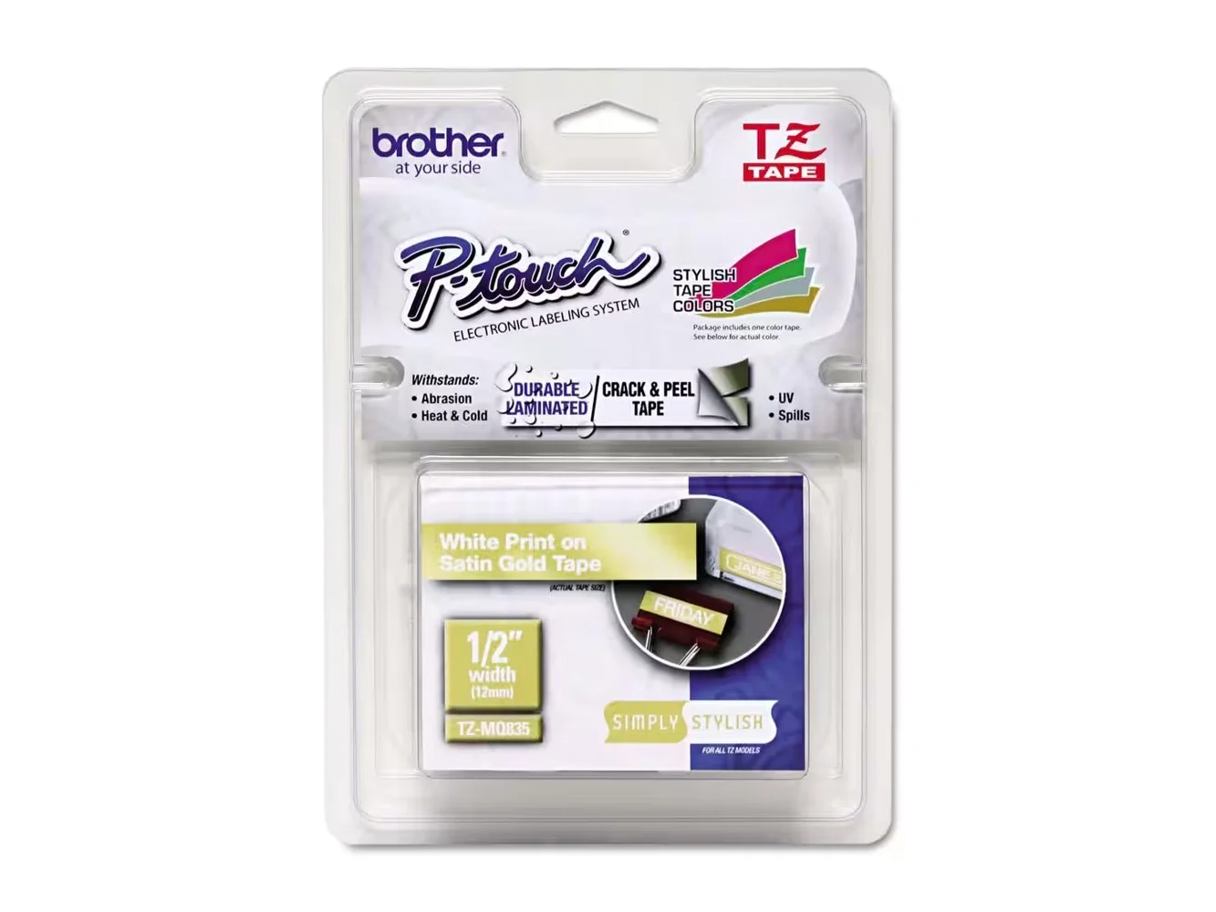**Brother - P-Touch TZEMQ835 0.47 in. x 16.4 ft. Standard Adhesive Laminated Labeling Tape - White/ - Satin Gold**