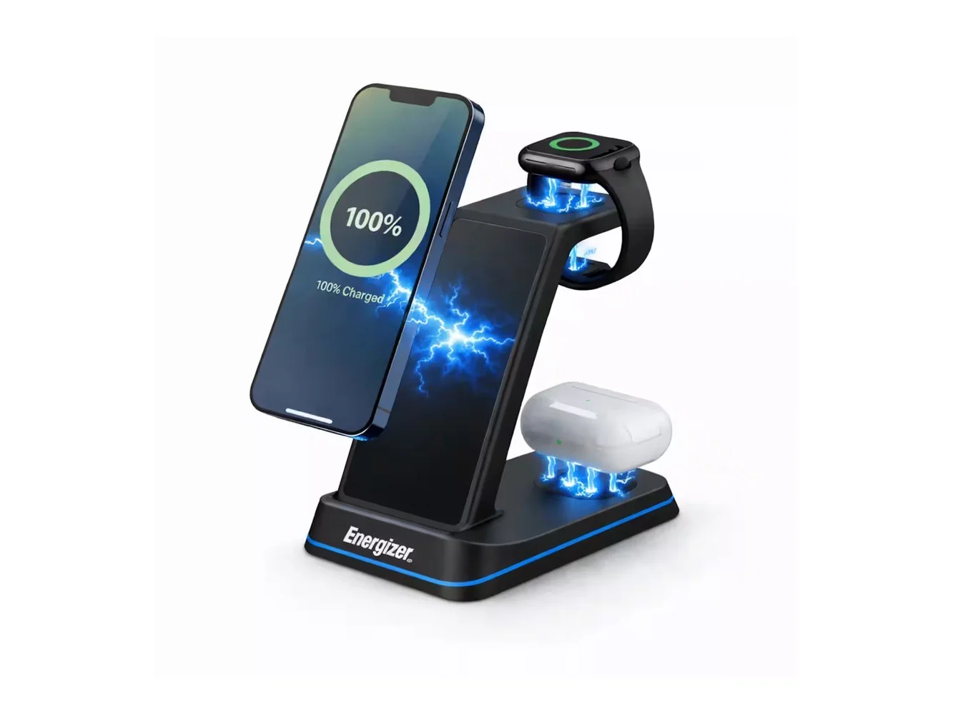 **Energizer - 3-in-1 15W Qi Certified Wireless Fast 15W Charger Charging Station/Stand w/ RGB Light for iPhone + AirPods + Apple Watch - Black**