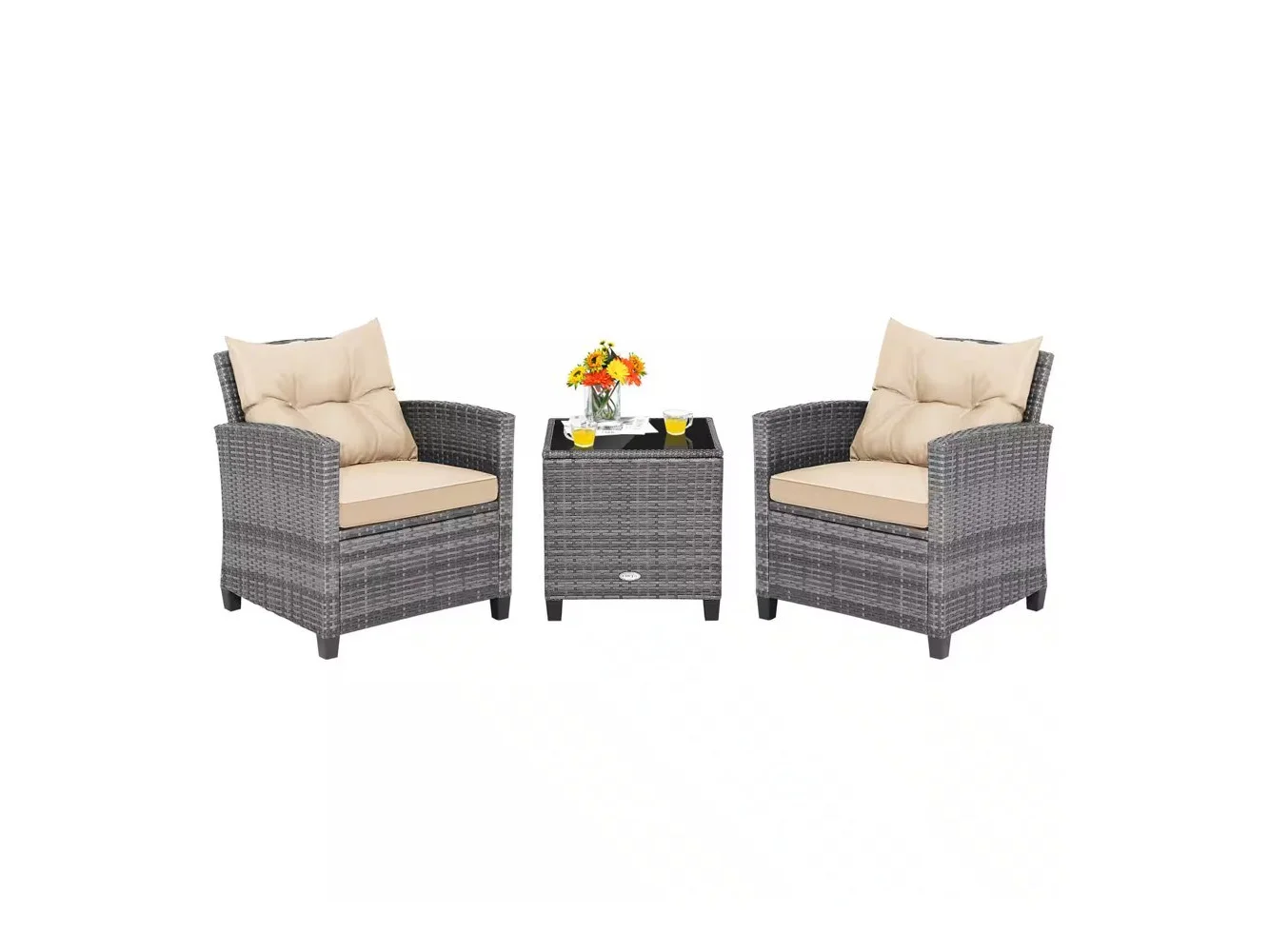 **Costway - 3PCS Patio Rattan Furniture Bistro Set Cushioned Sofas Side Table Armrest - Mix Gray + Beige**