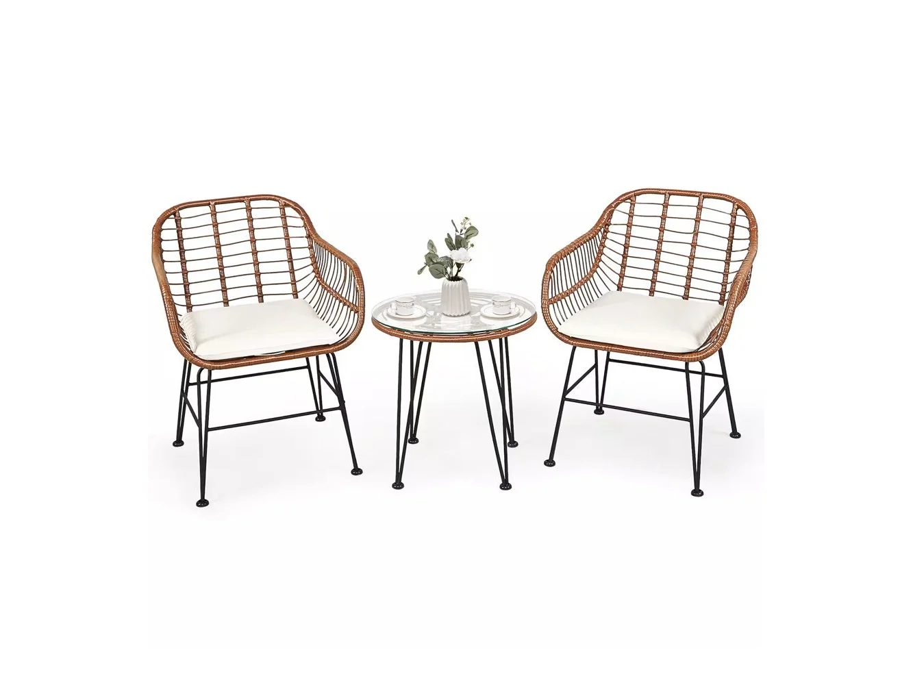 **Costway - 3PCS Patio Rattan Bistro Set Coffee Table Armchair Garden Cushion - Beige**