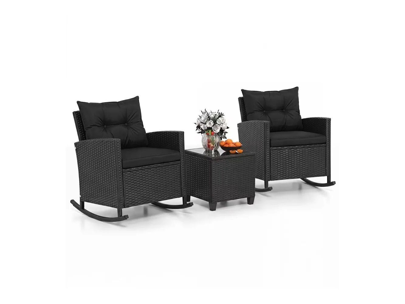 **Costway - 3 PCS Patio Wicker Rocking Set with Tempered Glass Table & Soft Cushions Outdoor - Black + Black**