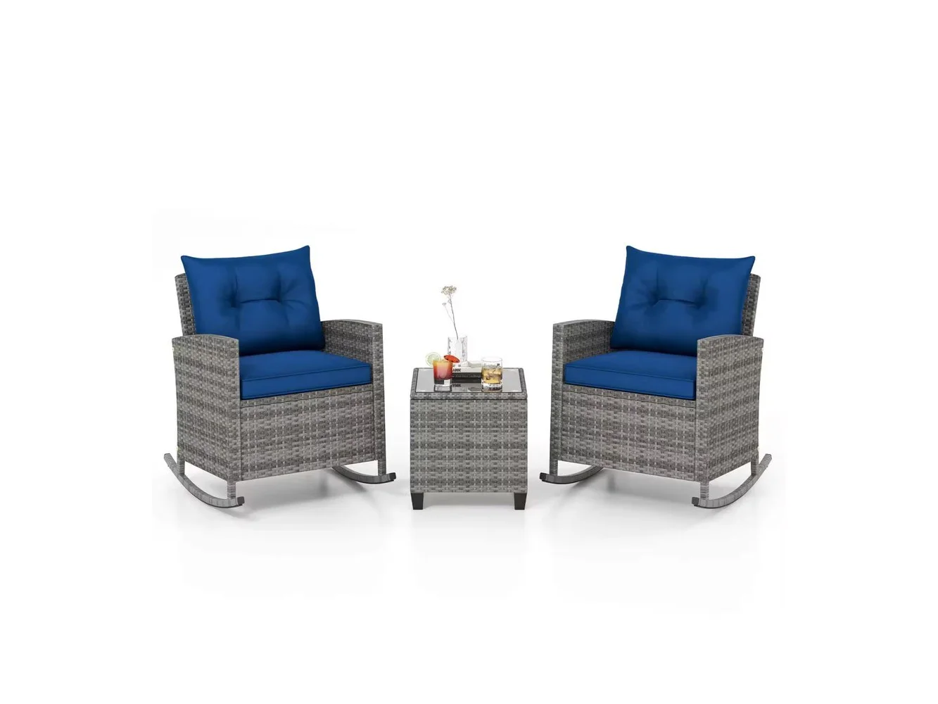 **Costway - 3 PCS Patio Wicker Rocking Set with Tempered Glass Table & Soft Cushions Outdoor - Navy**