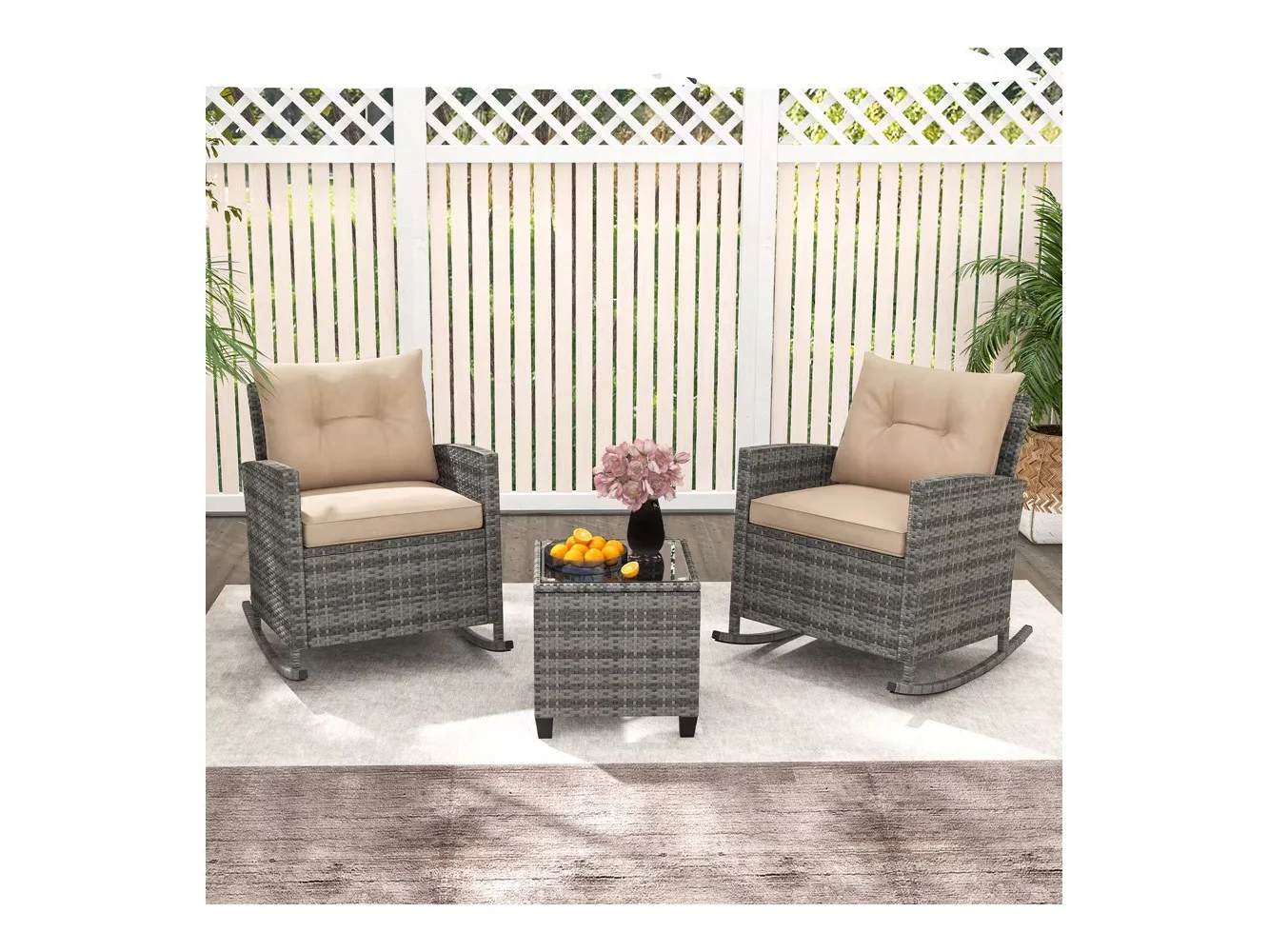 **Costway - 3 PCS Patio Wicker Rocking Set with Tempered Glass Table & Soft Cushions Outdoor - Mix Gray+Beige**