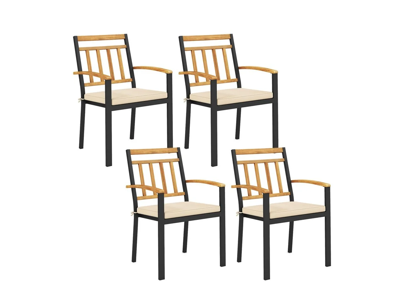 **Costway - Patio Dining Chairs Set of 4 Metal Outdoor Chairs with Removable Padded Cushions - Black + Natural**
