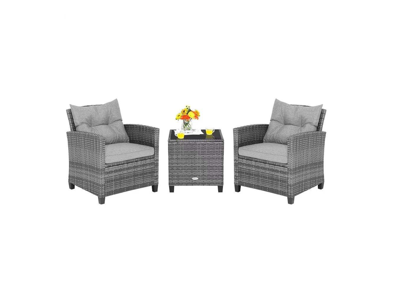 **Costway - 3PCS Patio Rattan Furniture Bistro Set Cushioned Sofas Side Table Armrest - Grey Rattan & Grey Cushion**