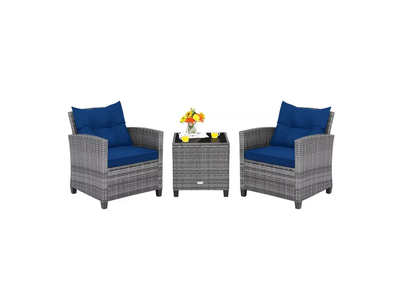 **Costway - 3PCS Patio Rattan Furniture Bistro Set Cushioned Sofas Side Table Armrest - Grey Rattan & Navy Cushion**