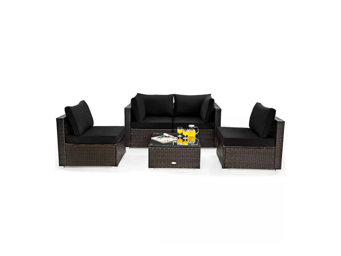 **Costway - 5PCS Patio Rattan Furniture Set Cushioned Sofa Chair Coffee Table - Black**