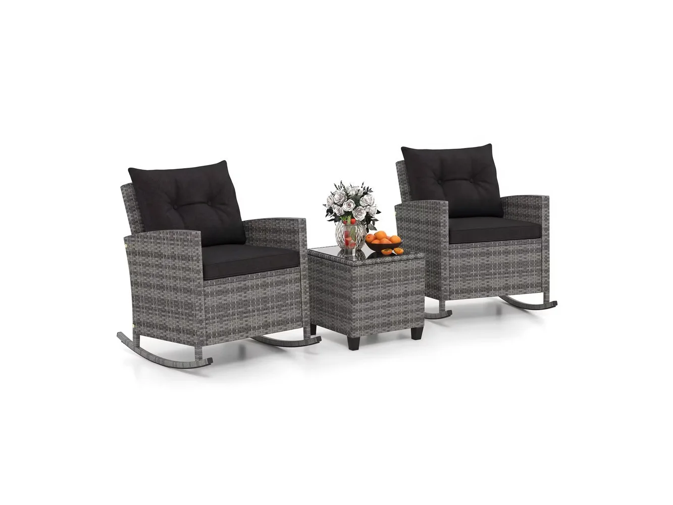 **Costway - 3 PCS Patio Wicker Rocking Set with Tempered Glass Table & Soft Cushions Outdoor - Black, Mix Gray**