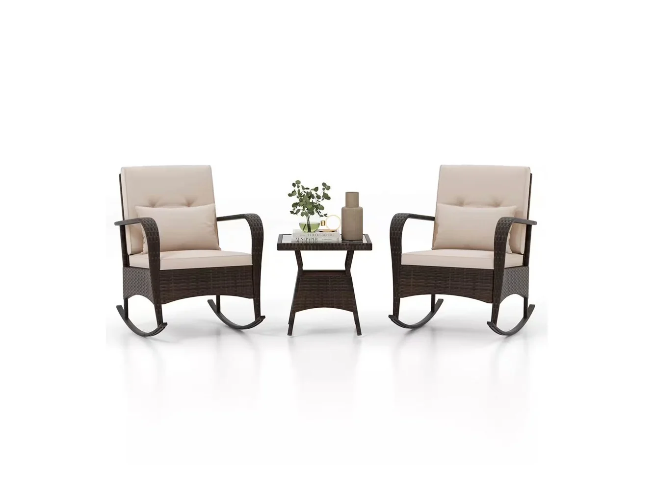 **Costway - 3 PCS Rocking Bistro Set with Removable Cushions & Tempered Glass Top Table - Brown**