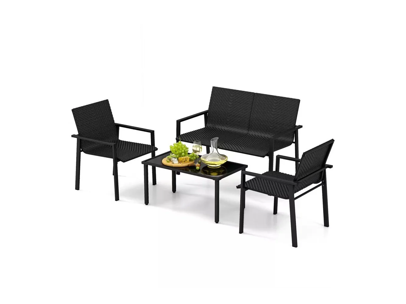 **Costway - 4 PCS Outdoor Wicker Patio Furniture Set w/ Heavy-Duty Galvanized Metal Frame - Black**