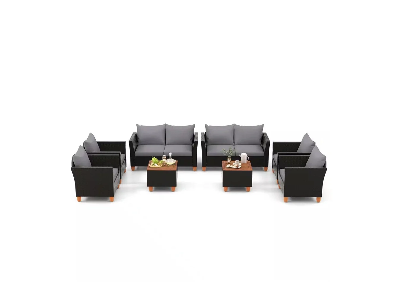 **Costway - 8 PCS Wicker Patio Furniture Set with Removable Cushions Storage Coffee Table - Gray,Black**