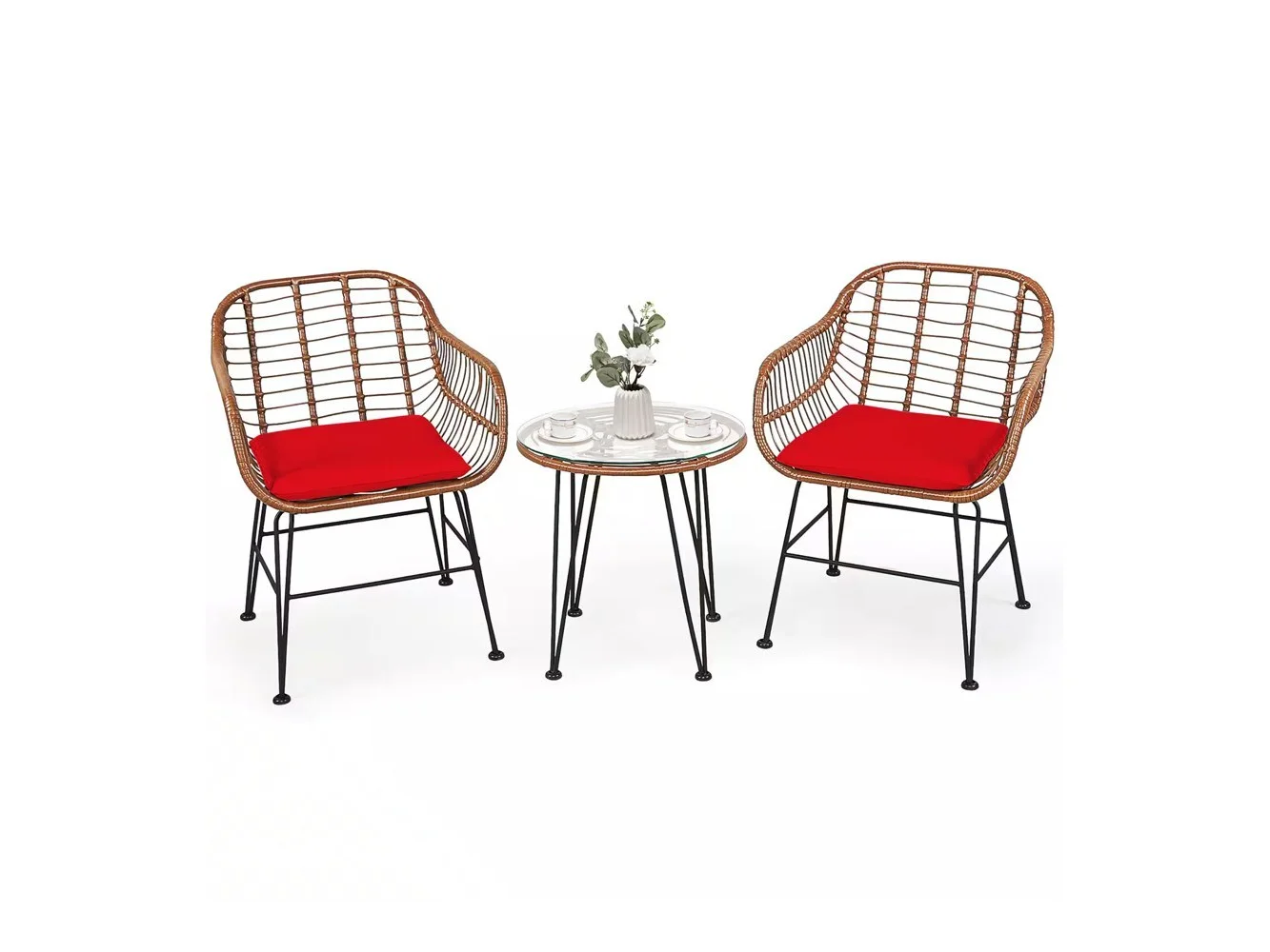 **Costway - 3PCS Patio Rattan Bistro Set Coffee Table Armchair Garden Cushion - Red**
