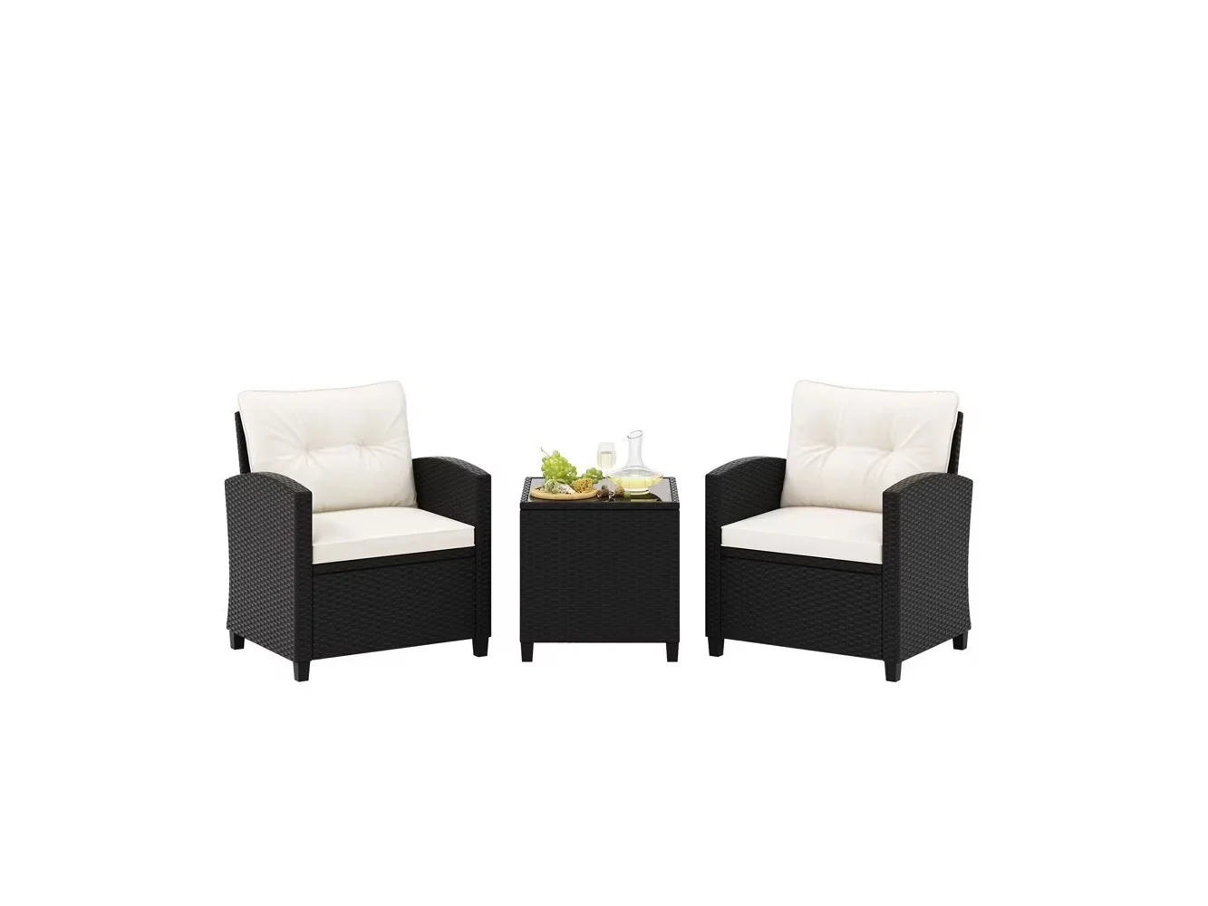 **Costway - 3 PCS Patio Furniture Set with Tempered Glass Coffee Table Washable Cushions - Off White,Black**