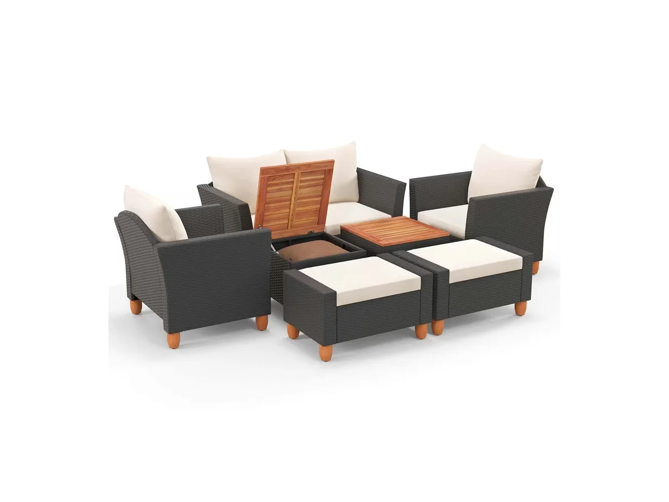 **Costway - 7 PCS Patio Furniture Set with Loveseat Armchairs Ottomans & Storage Table - Black,White**