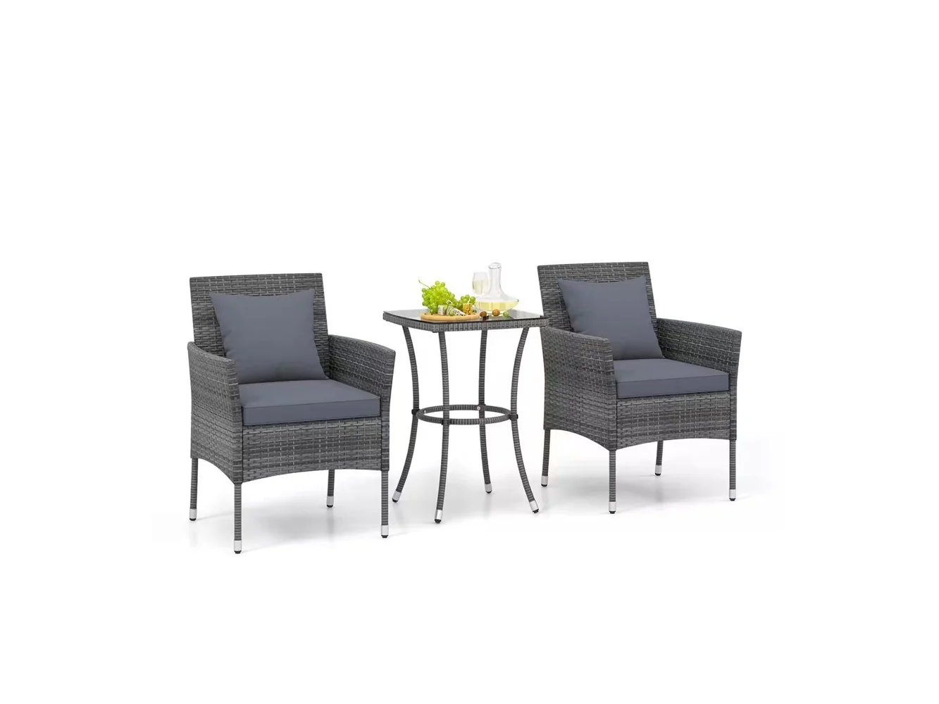 **Costway - 3 PCS Patio Furniture Set with Cushioned Patio Chairs & Tempered Glass Coffee Table - Grey + Mix Grey**