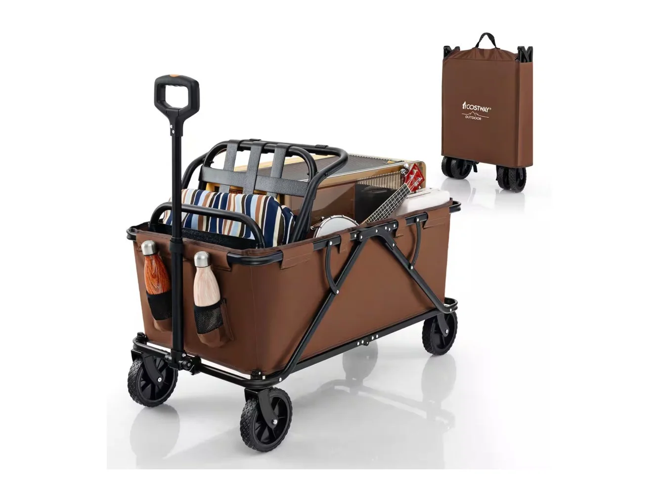**Costway - Heavy-Duty Wagon Cart with Adjustable Handlebar Bottle Holders & Storage Pocket - Coffee**
