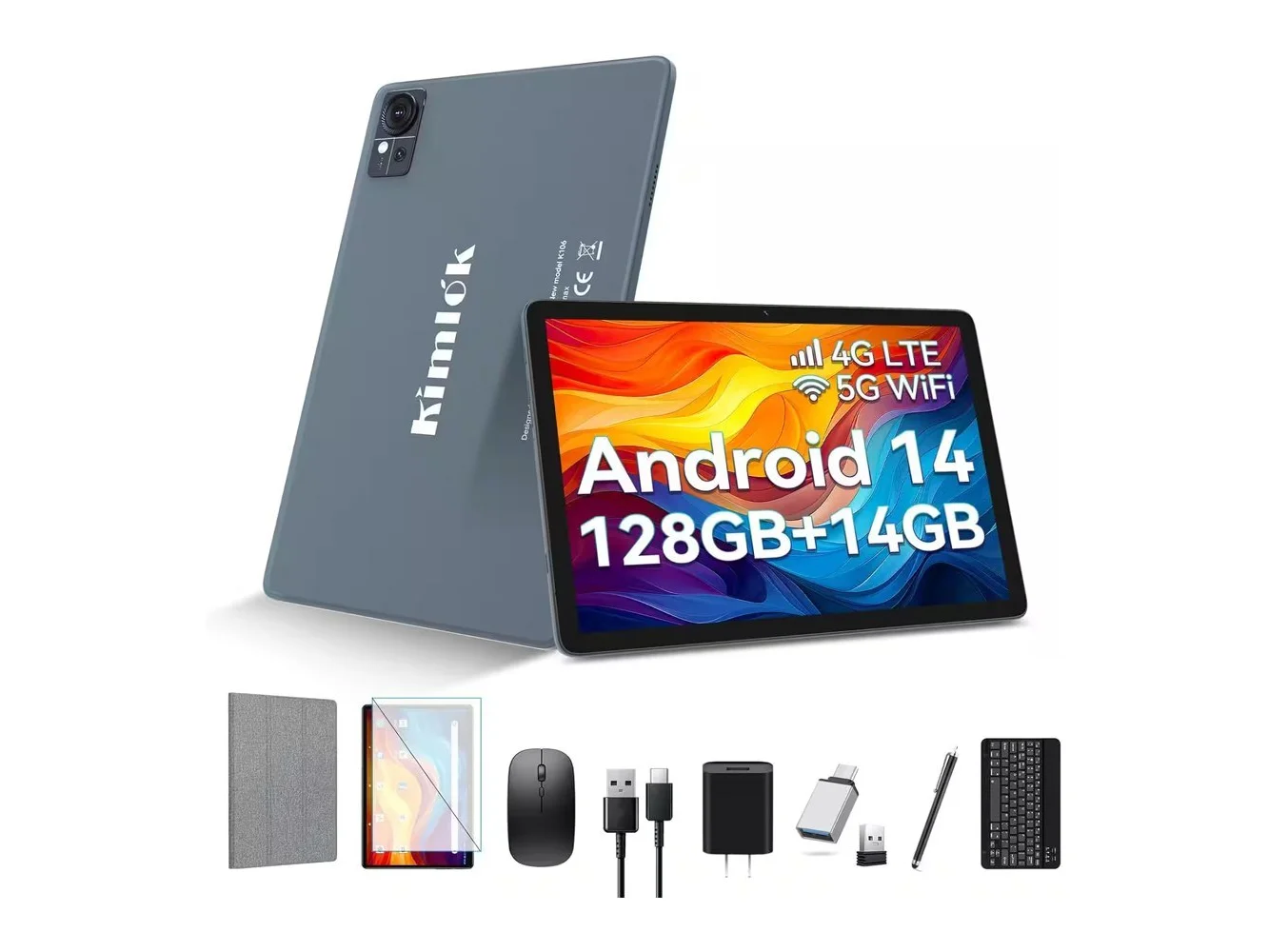 **Kimlok - Tablet 10 inch Android 14 Tablets 2025 Latest Octa-Core Tableta, 128GB+14GB+1TB Expand, Android Tablets with Keyboard - Gray**