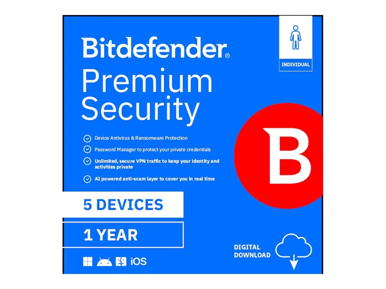 **Bitdefender - Premium Security Individual 5 device 1 Year - Windows, Apple iOS, Mac OS, Android, Linux [Digital]**