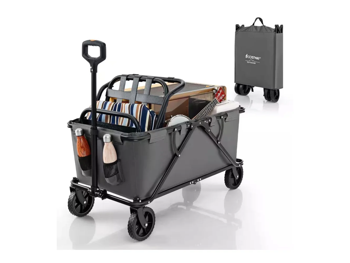 **Costway - Heavy-Duty Wagon Cart with Adjustable Handlebar Bottle Holders & Storage Pocket Grey - Gray**