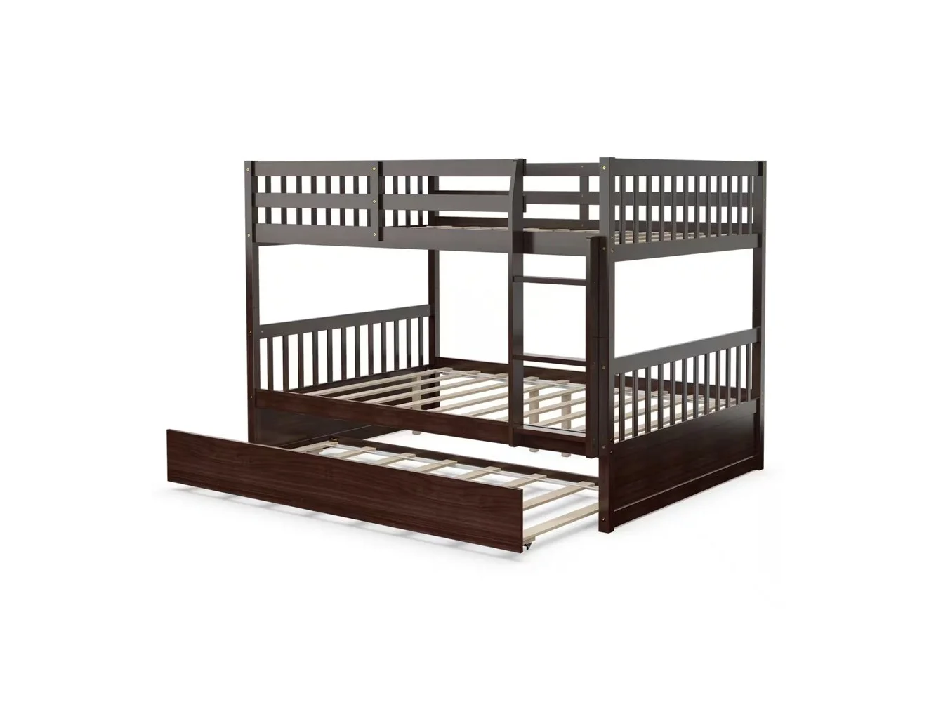 **Gymax - Full over Full Bunk Bed Platform Wood Bed w/ Trundle & Ladder Rail - Brown**