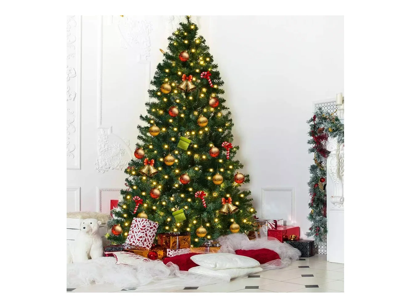**Gymax - 7.5FT Pre-Lit Christmas Tree Hinged Artificial Tree w/ Metal Stand LED Lights - Green**