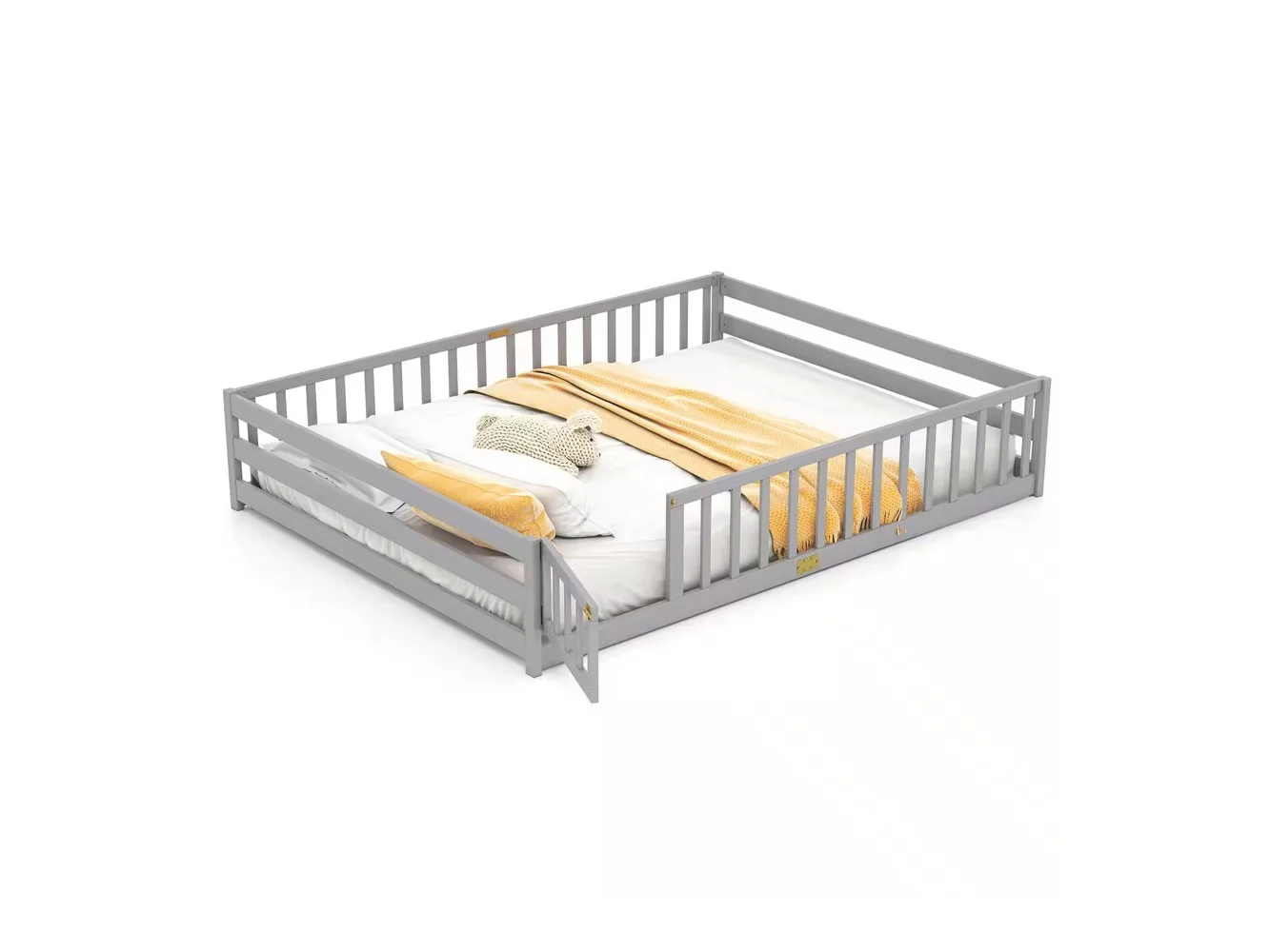 **Costway - Queen Size Floor Bed with Full Length Safety Guardrails & Door for Boys, Girls - Gray**