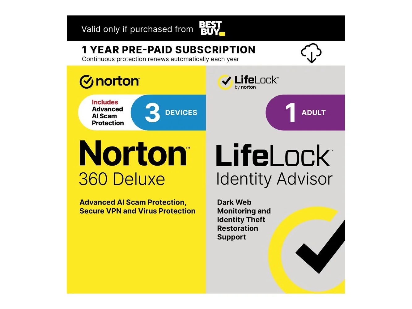 **Norton - 360 Deluxe 3 Device with LifeLock Identity Advisor + Internet Security + Scam Protection + VPN (1 Year subscription) - Android, Apple iOS, Mac OS, Windows [Digital]**