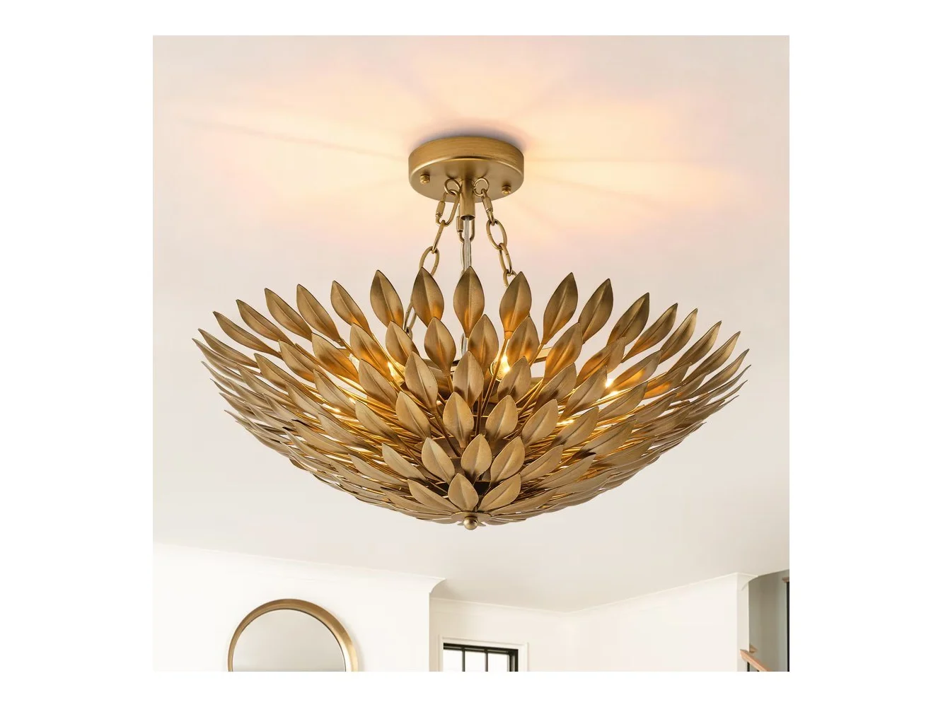 **Parrot Uncle - 6-Light Olive Leaf Convertible Chandelier Light - Antique Gold**