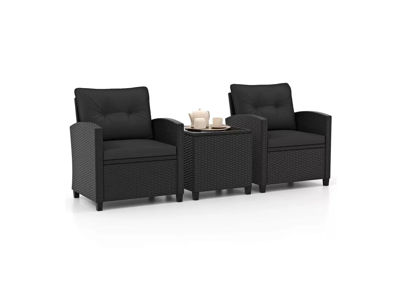 **Costway - 3 PCS Patio Furniture Set with Tempered Glass Coffee Table Washable Cushions - Black**