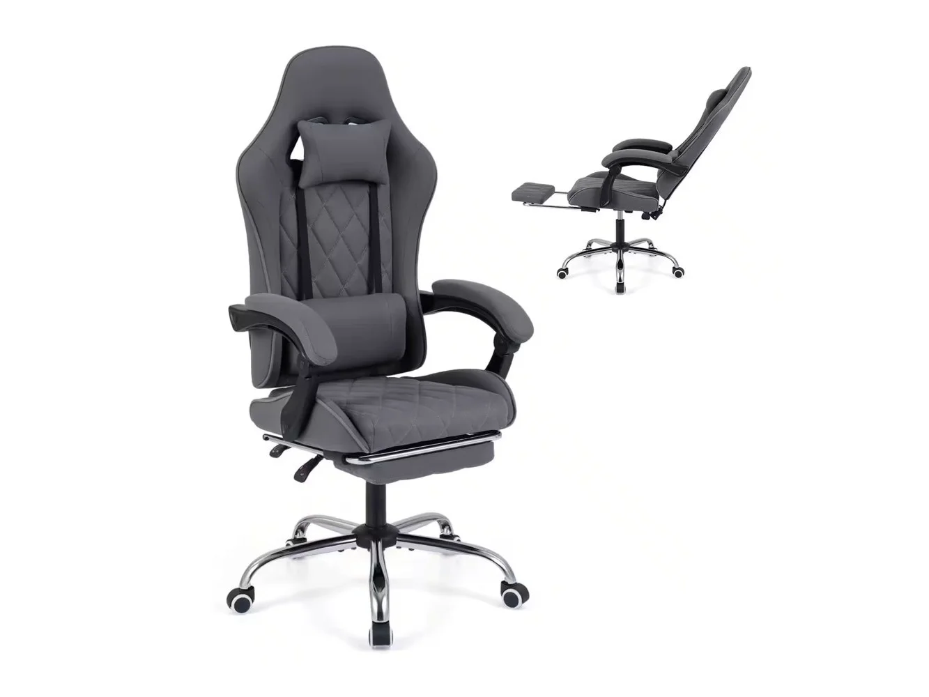 **Costway - Gaming Chair with Headrest, Lumbar Support, Linkage Armrests, Reclining Backrest - Gray**