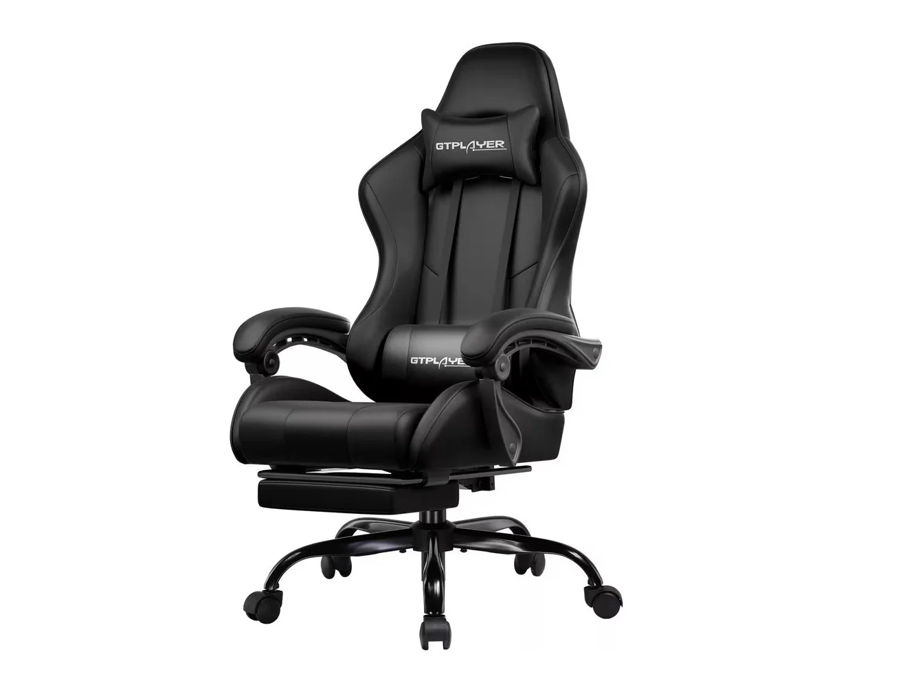 **GTPlayer - Gaming Chair Faux Leather Height Adjustable Computer Chair with Footrest and Headrest - Black**