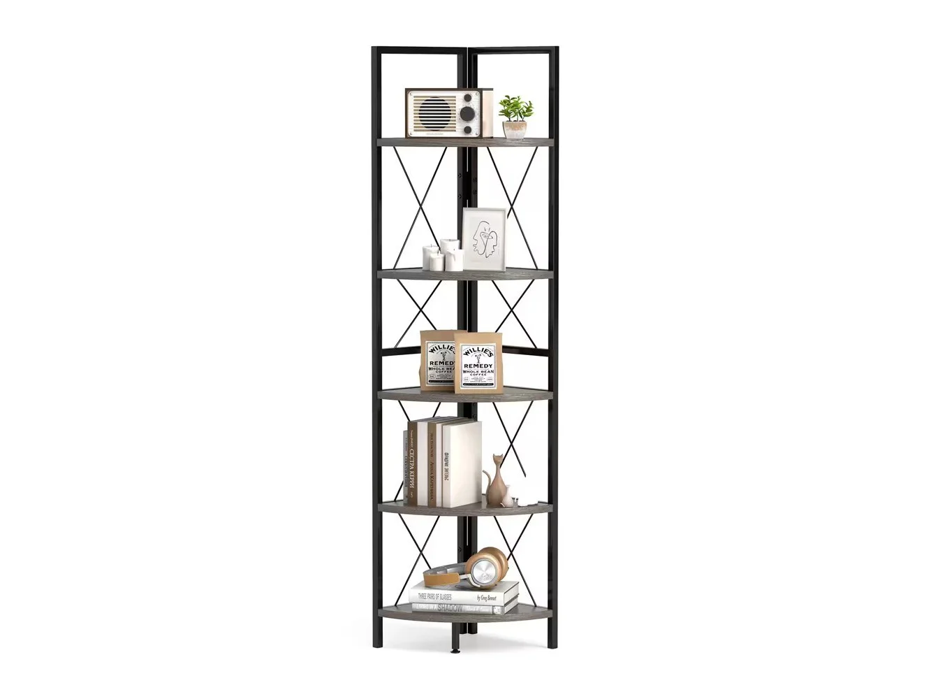 **Gymax - 5-tier Corner Display Rack Corner Ladder Bookshelf w/ Sturdy Metal Frame Oak & Black - Oak, Black**