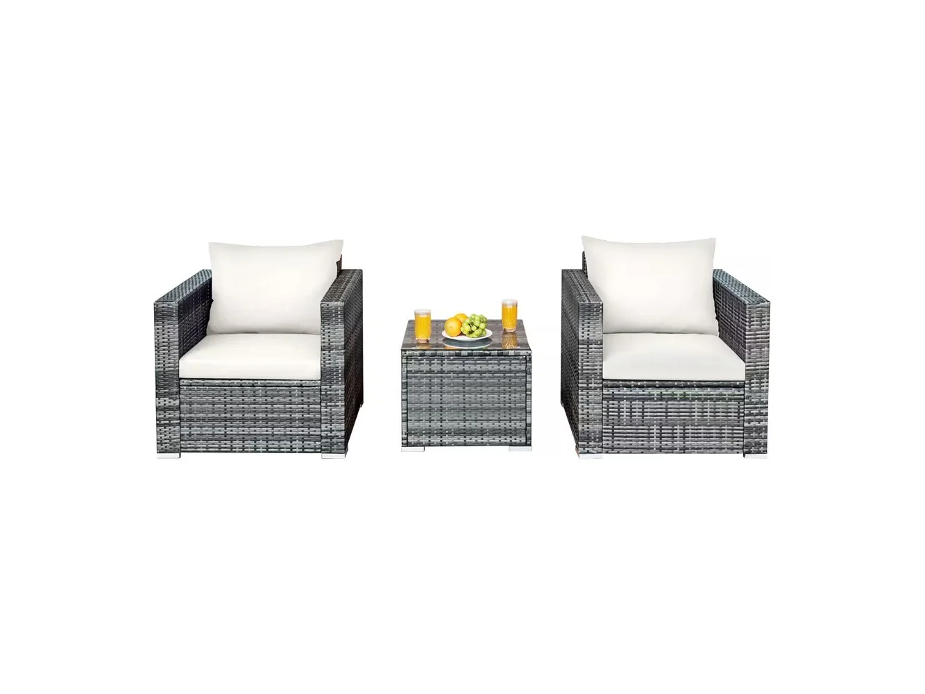 **Costway - 3 PC Patio Rattan Furniture Bistro Set Cushioned Sofa Chair Table - White**