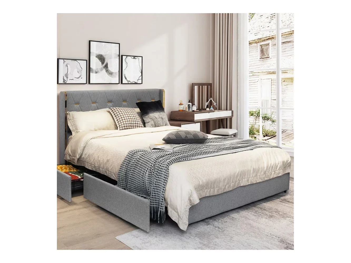 **Gymax - Full Upholstered Bed Frame with 4 Storage Drawers Headboard - Silver**